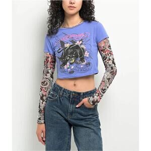 Ed Hardy Swallow 2fer Midnight Long Sleeve Crop T-Shirt Medium Y2K 2000s ERA New
